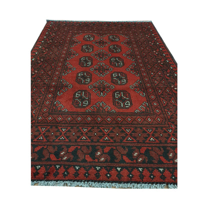 End field and fringe detail of Afghan Turkoman rug with red ground, twin column gul medallions and tribal border