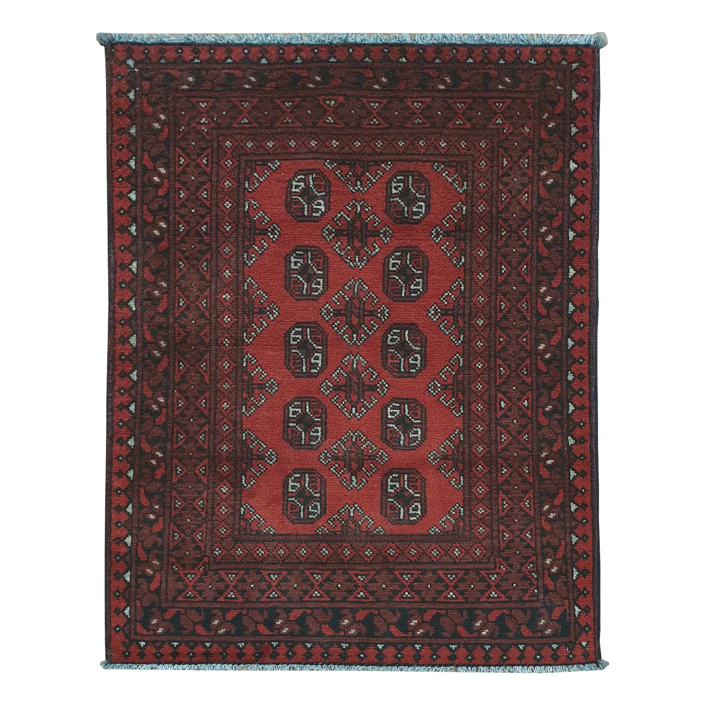 Afghan Turkoman rug 141 x 96 cm full view with red field, dark border and twelve gul medallions in two columns