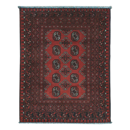 Afghan Turkoman rug 141 x 96 cm full view with red field, dark border and twelve gul medallions in two columns
