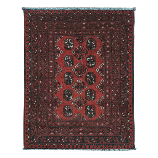 Afghan Turkoman rug 141 x 96 cm full view with red field, dark border and twelve gul medallions in two columns