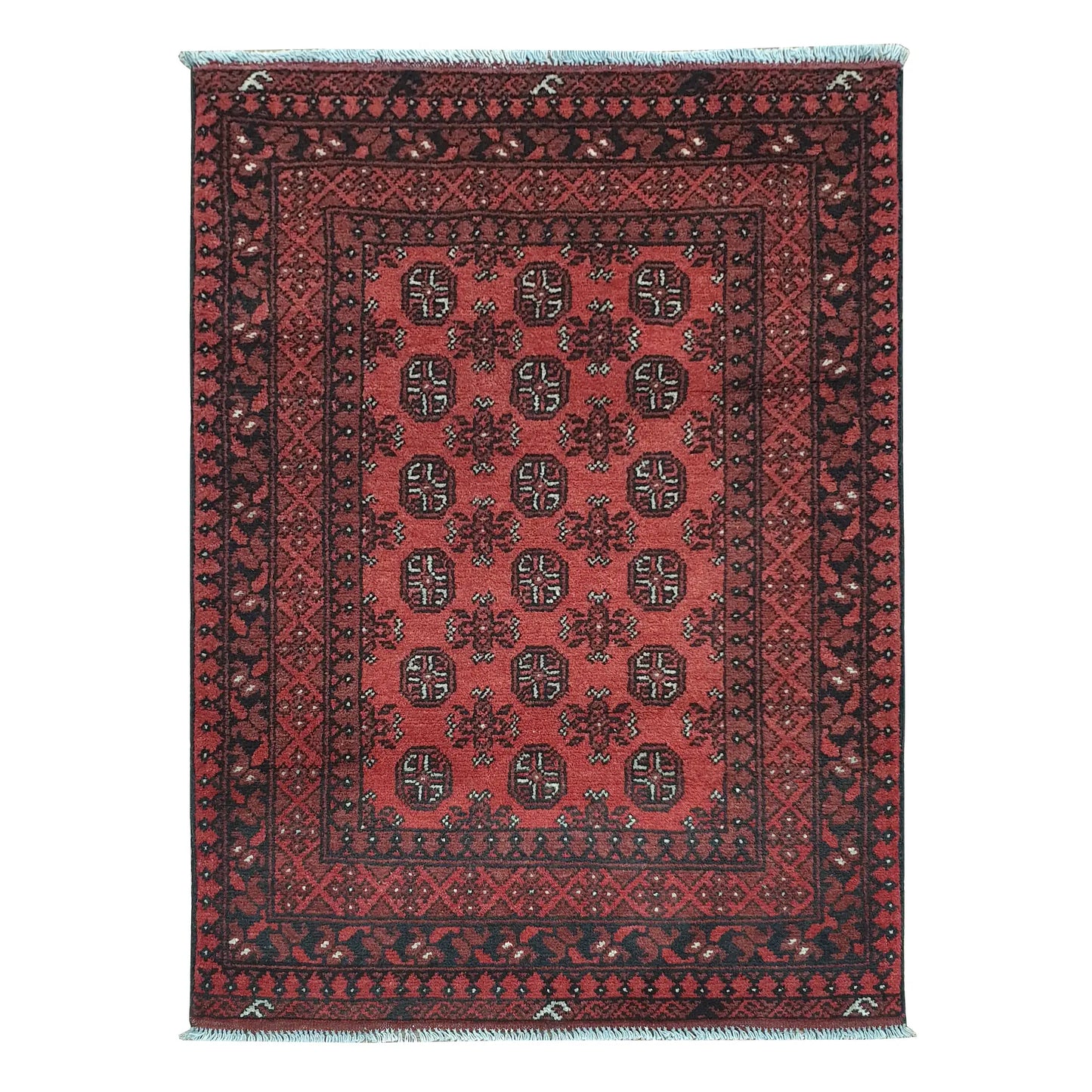 Afghan Turkoman rug 144 x 102 cm full view with red field, dark border and three-column gul medallion pattern