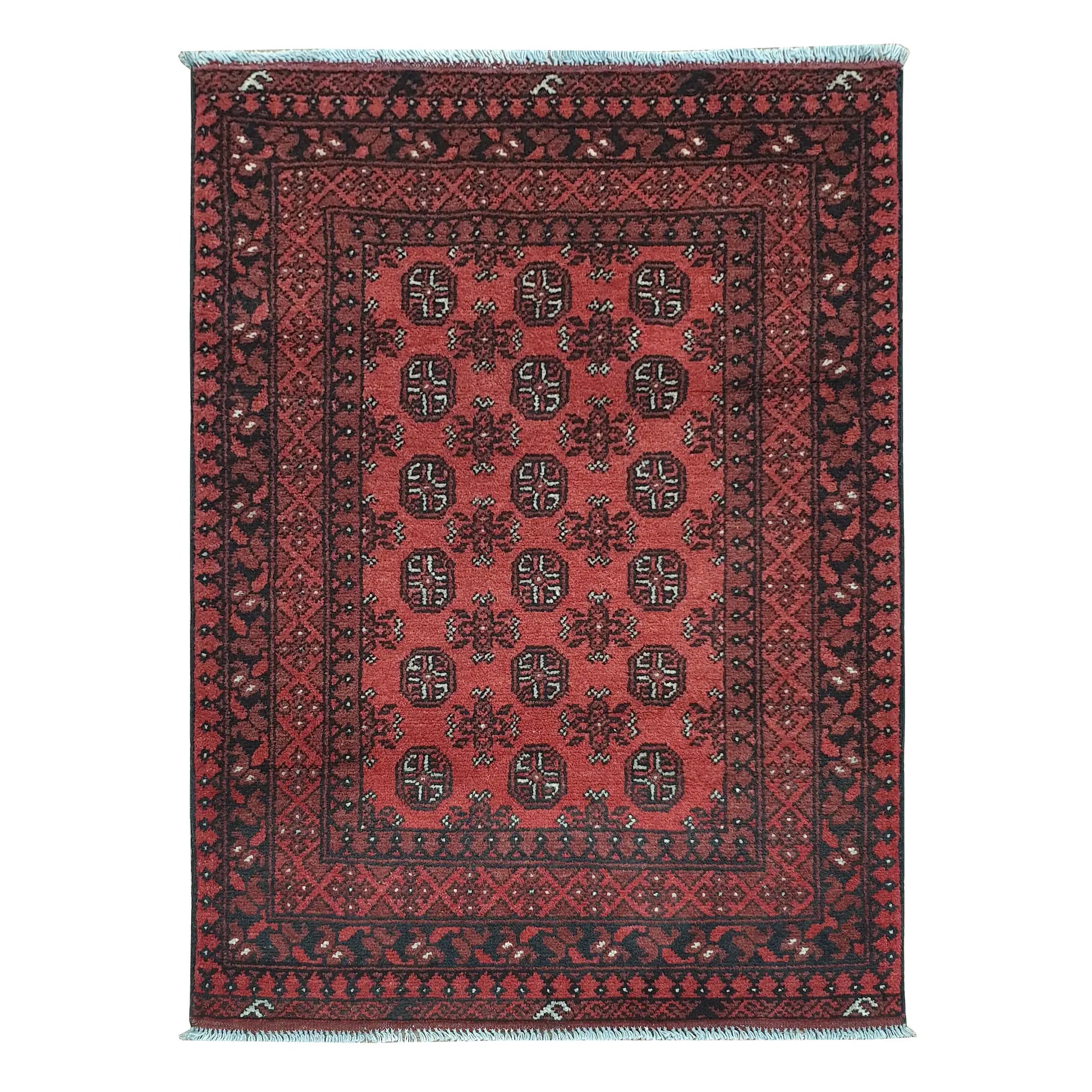 Afghan Turkoman rug 144 x 102 cm full view with red field, dark border and three-column gul medallion pattern