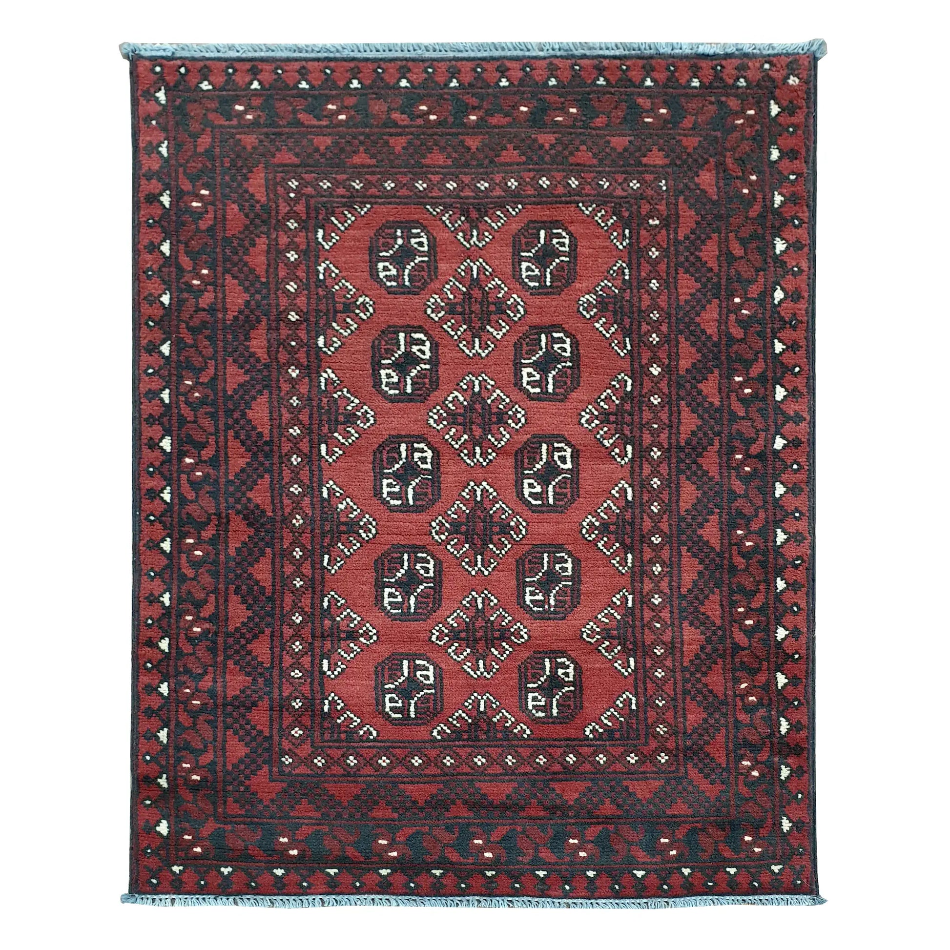 Afghan Turkoman rug 144 x 99 cm full view with red field, dark border and paired rows of gul medallions