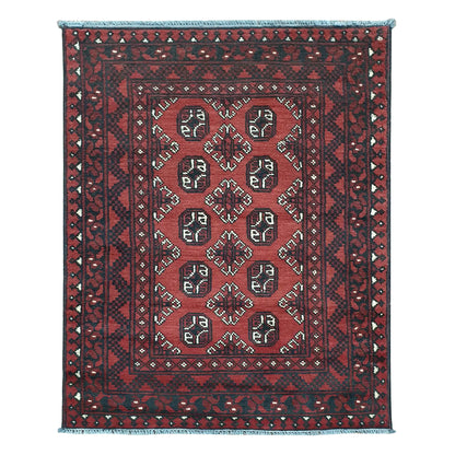 Afghan Turkoman rug 144 x 99 cm full view with red field, dark border and paired rows of gul medallions