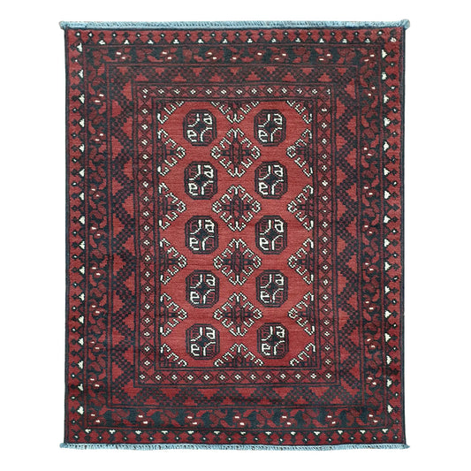Afghan Turkoman rug 144 x 99 cm full view with red field, dark border and paired rows of gul medallions