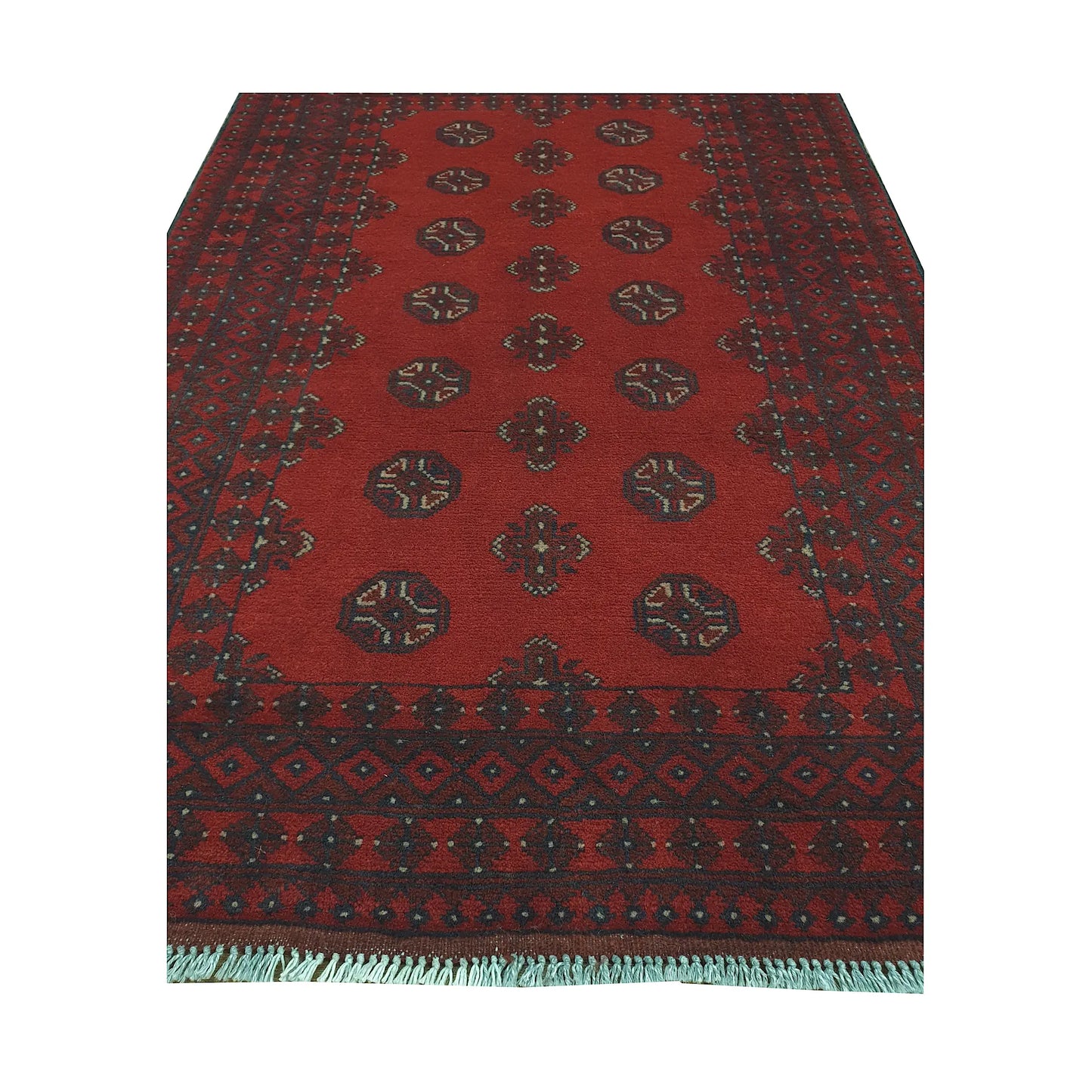 End field and fringe detail of Afghan Turkoman rug with red ground, gul medallions and dark geometric border