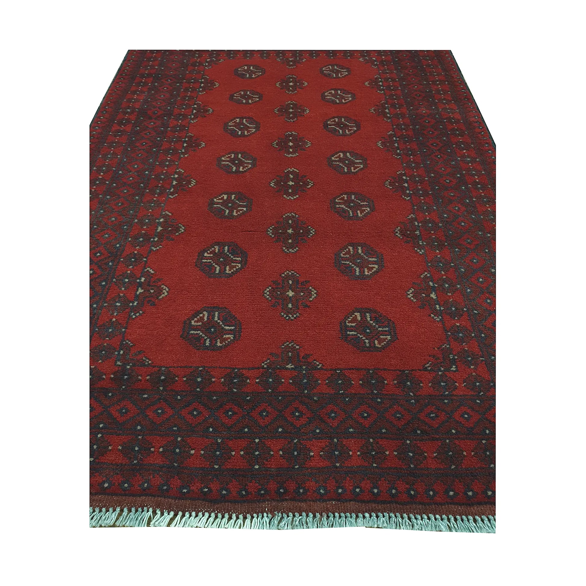 End field and fringe detail of Afghan Turkoman rug with red ground, gul medallions and dark geometric border