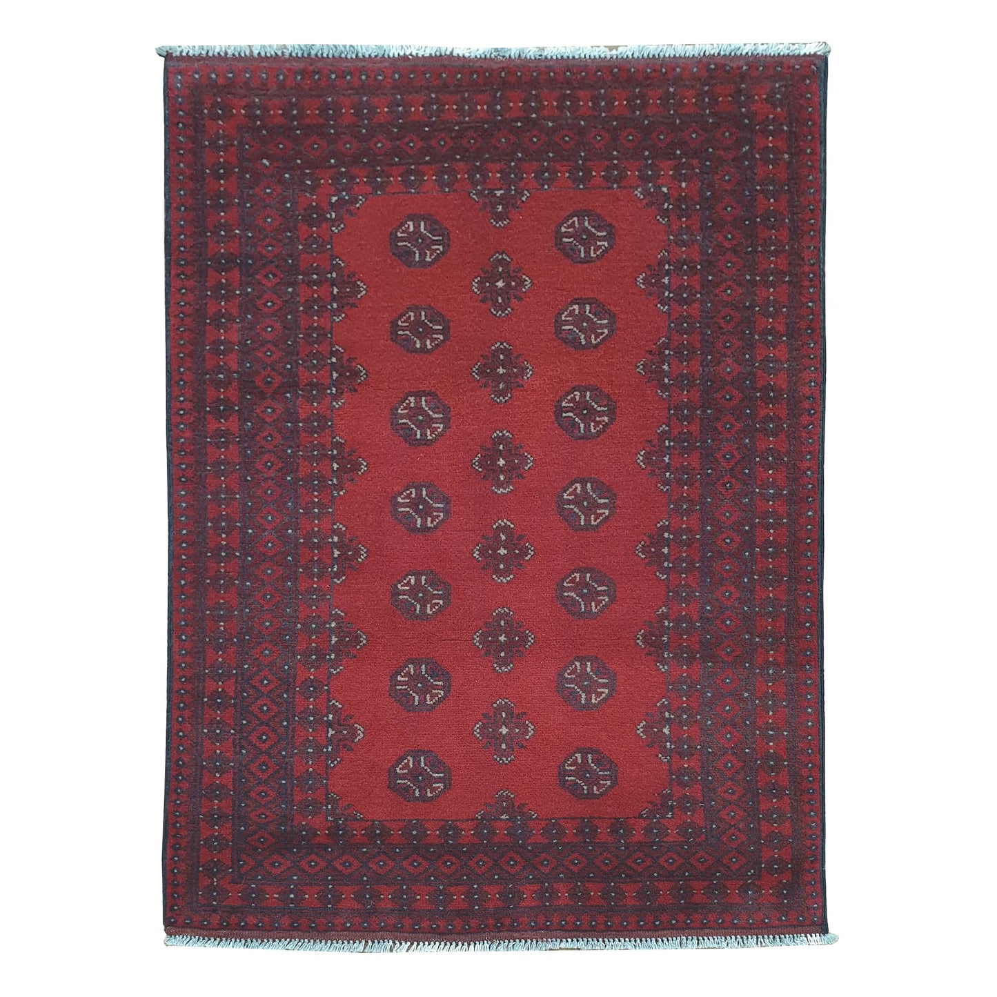 Afghan Turkoman rug 145 x 100 cm full view with open red field, dark border and repeated gul medallions