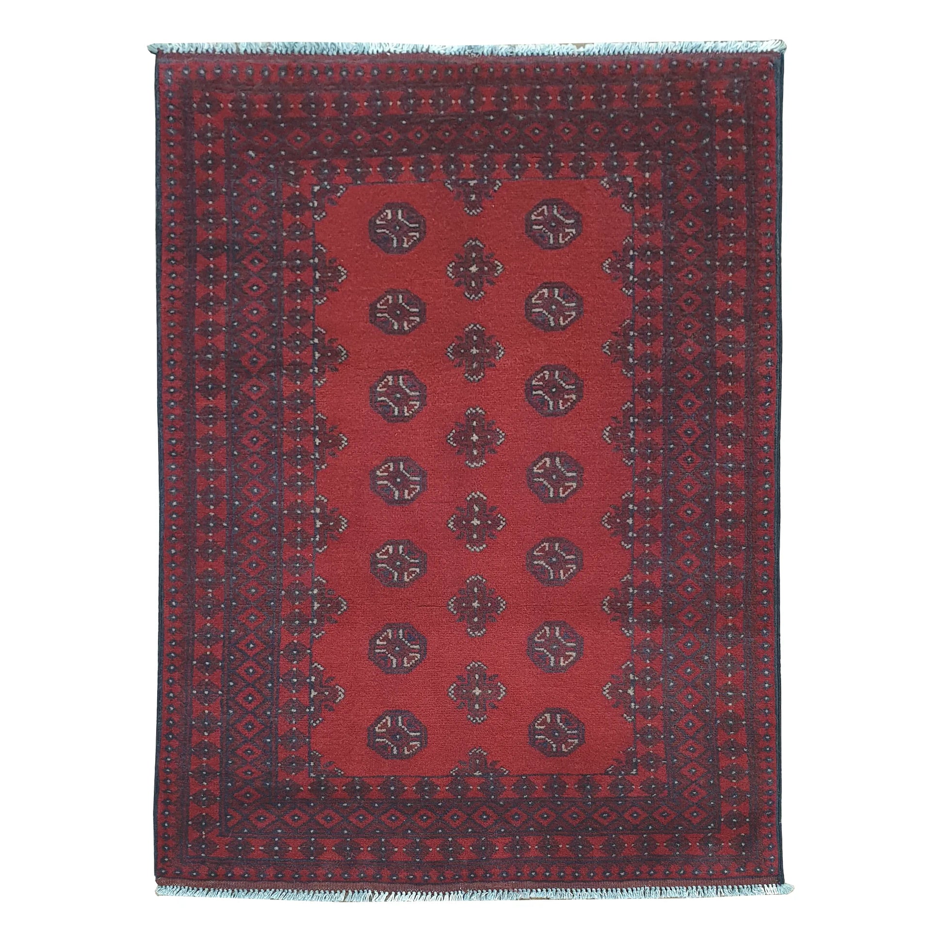 Afghan Turkoman rug 145 x 100 cm full view with open red field, dark border and repeated gul medallions