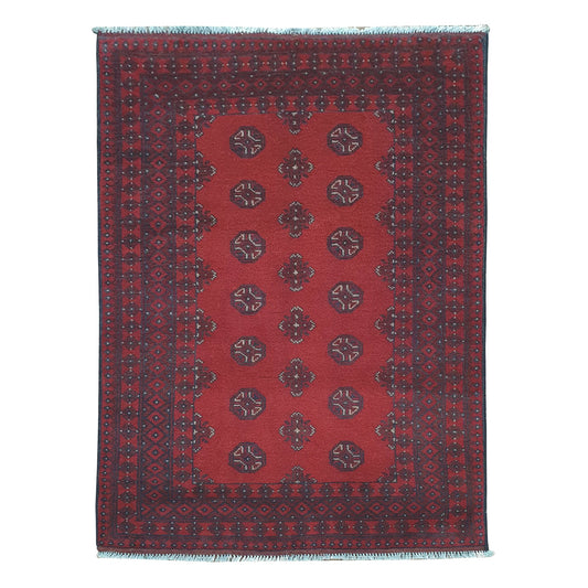 Afghan Turkoman rug 145 x 100 cm full view with open red field, dark border and repeated gul medallions