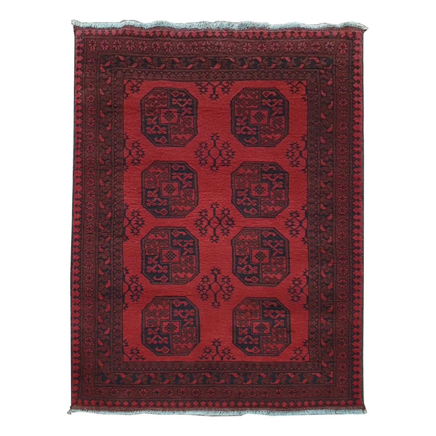 Afghan Turkoman rug 187 x 132 cm full view with deep red field, dark border and double gul medallion pattern