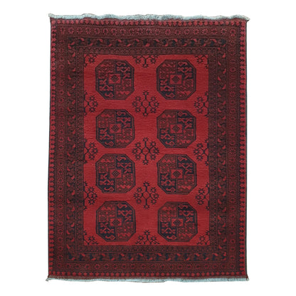 Afghan Turkoman rug 187 x 132 cm full view with deep red field, dark border and double gul medallion pattern