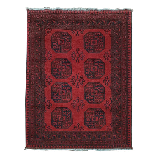 Afghan Turkoman rug 187 x 132 cm full view with deep red field, dark border and double gul medallion pattern