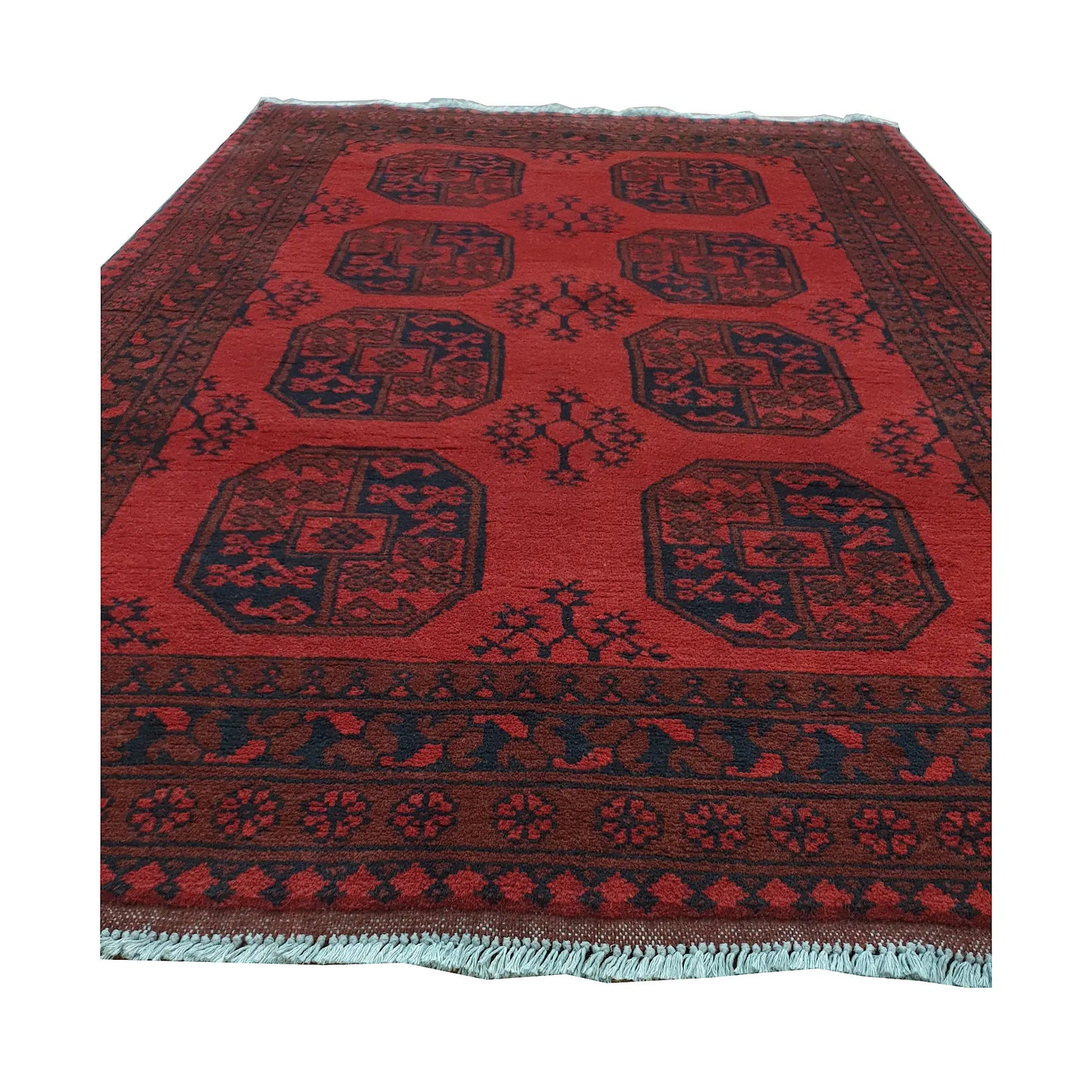 End field and fringe detail of Afghan Turkoman rug with red ground, repeated gul motifs and dark tribal border