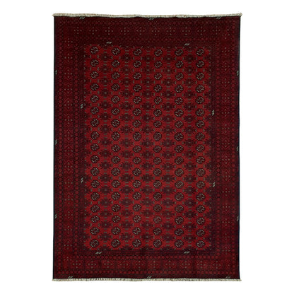 Afghan Turkoman rug 295 x 195 cm full view with deep red gul field, dark border and fringe