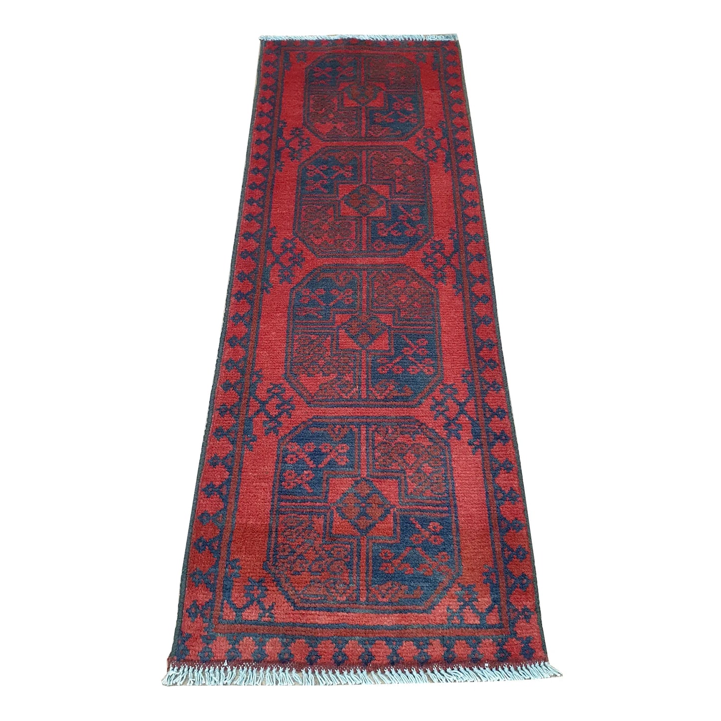 Afghan Turkoman runner rug 140 x 49 cm full view with red field, dark border and four gul medallions