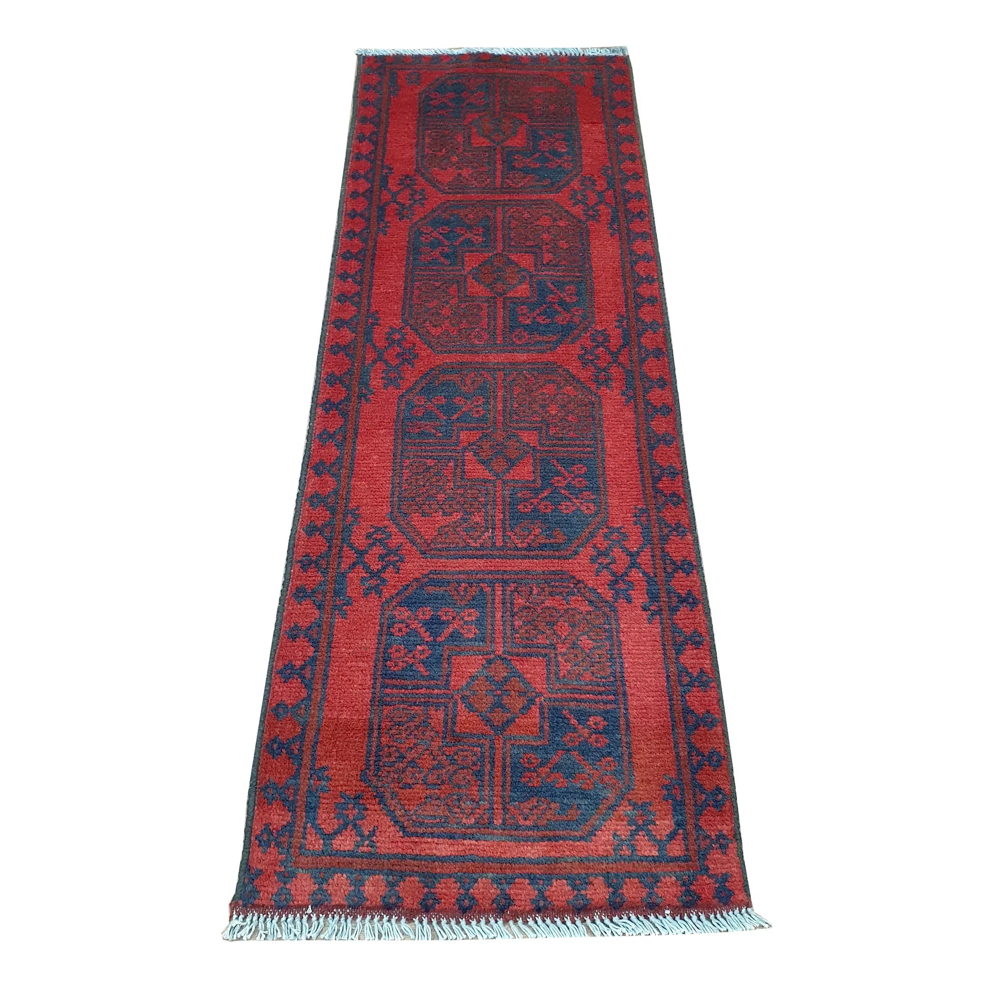 Afghan Turkoman runner rug 140 x 49 cm full view with red field, dark border and four gul medallions