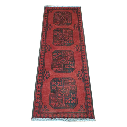 Afghan Turkoman runner rug 143 x 49 cm full view with red field, dark border and four gul medallions