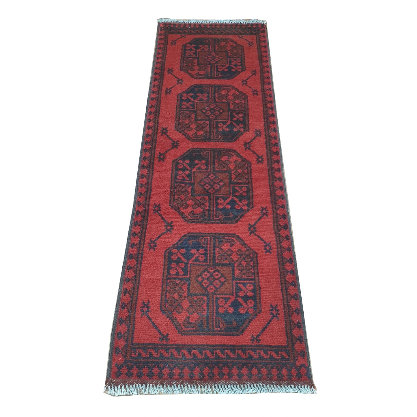 Afghan Turkoman runner rug 144 x 48 cm full view with red field, dark border and four gul medallions