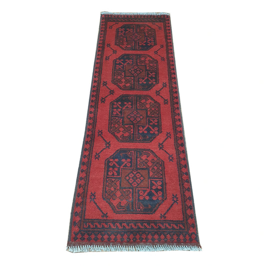 Afghan Turkoman runner rug 144 x 48 cm full view with red field, dark border and four gul medallions
