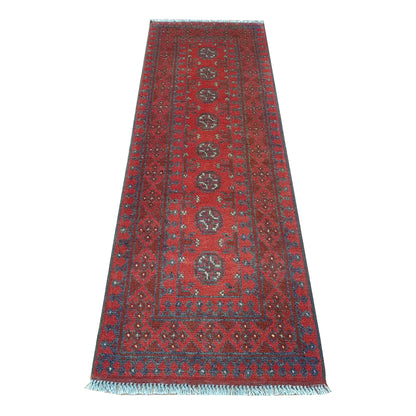 Afghan Turkoman runner rug 146 x 49 cm full view with red field, dark border and eight gul medallions