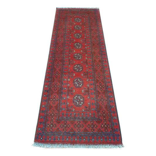 Afghan Turkoman runner rug 146 x 49 cm full view with red field, dark border and eight gul medallions