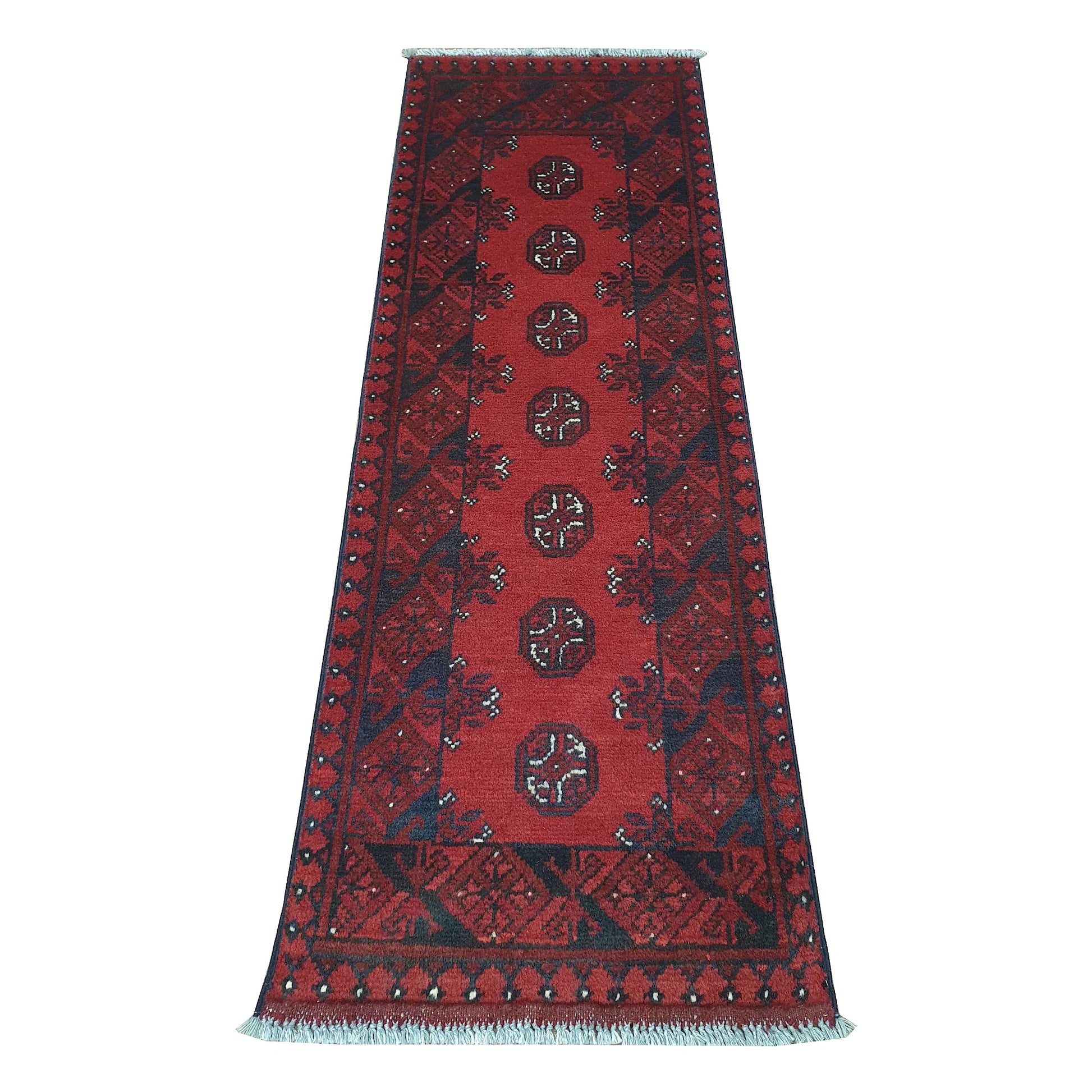 Afghan Turkoman runner rug 146 x 50 cm full view with red field, dark border and seven round gul medallions