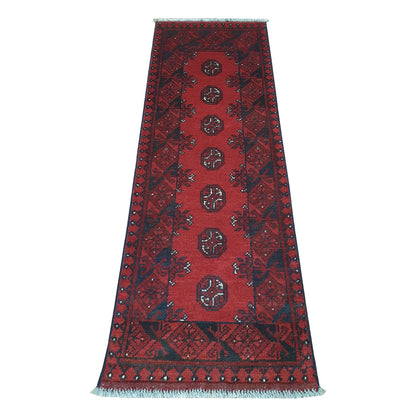 Afghan Turkoman runner rug 146 x 50 cm full view with red field, dark border and seven round gul medallions