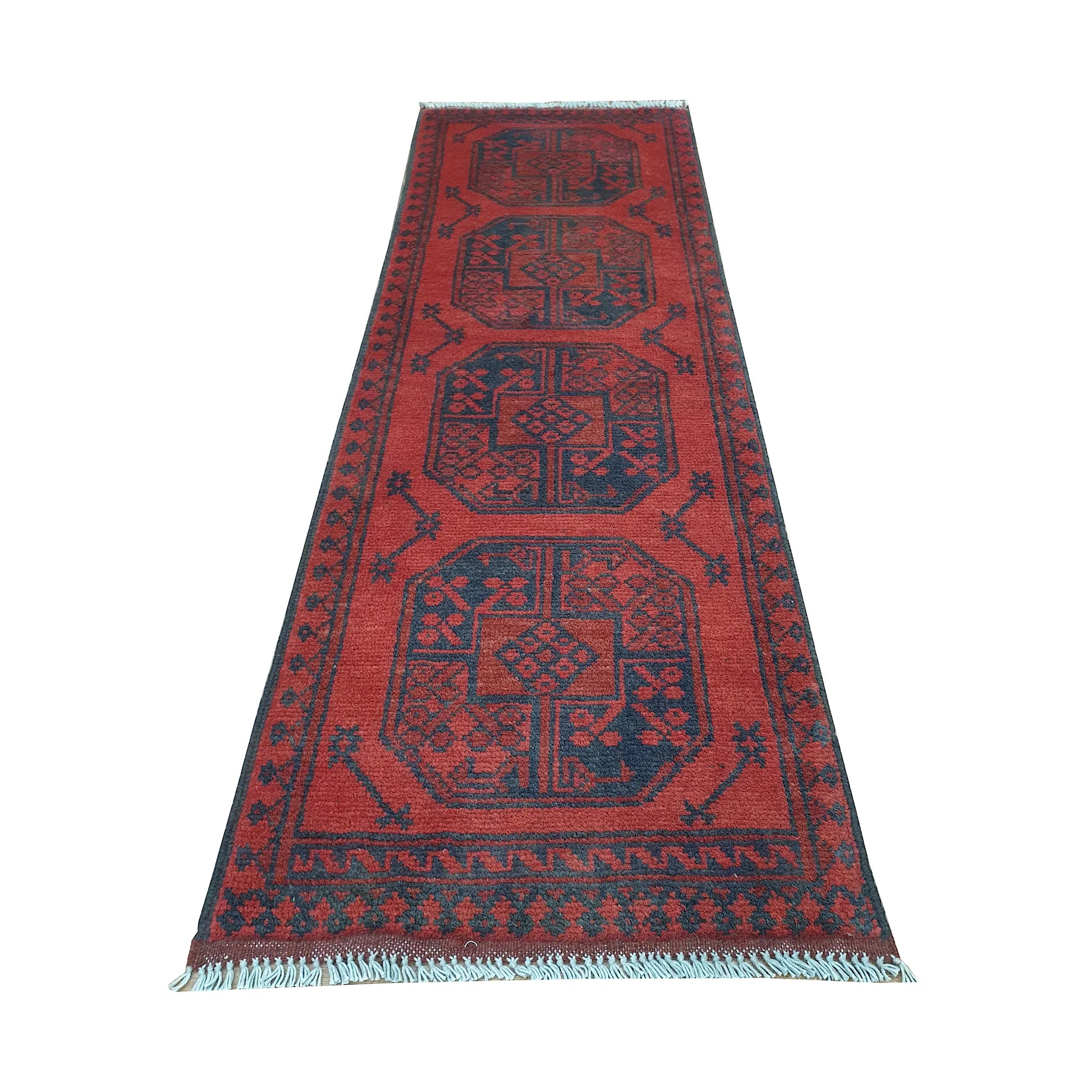 End field and fringe detail of Afghan Turkoman runner rug with four gul medallions, red ground and dark border