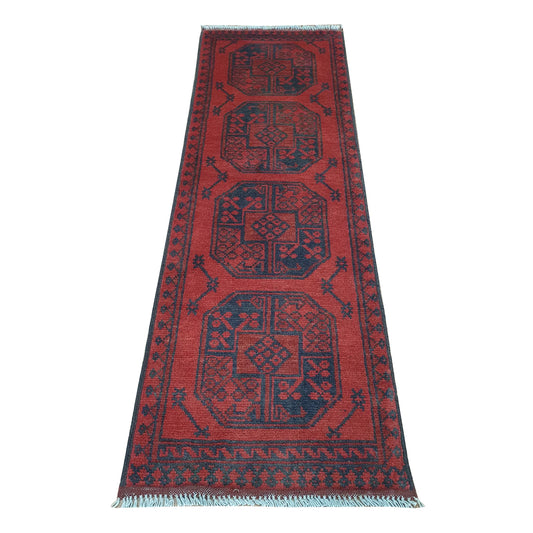 Afghan Turkoman runner rug 147 x 48 cm full view with red field, dark border and four gul medallions