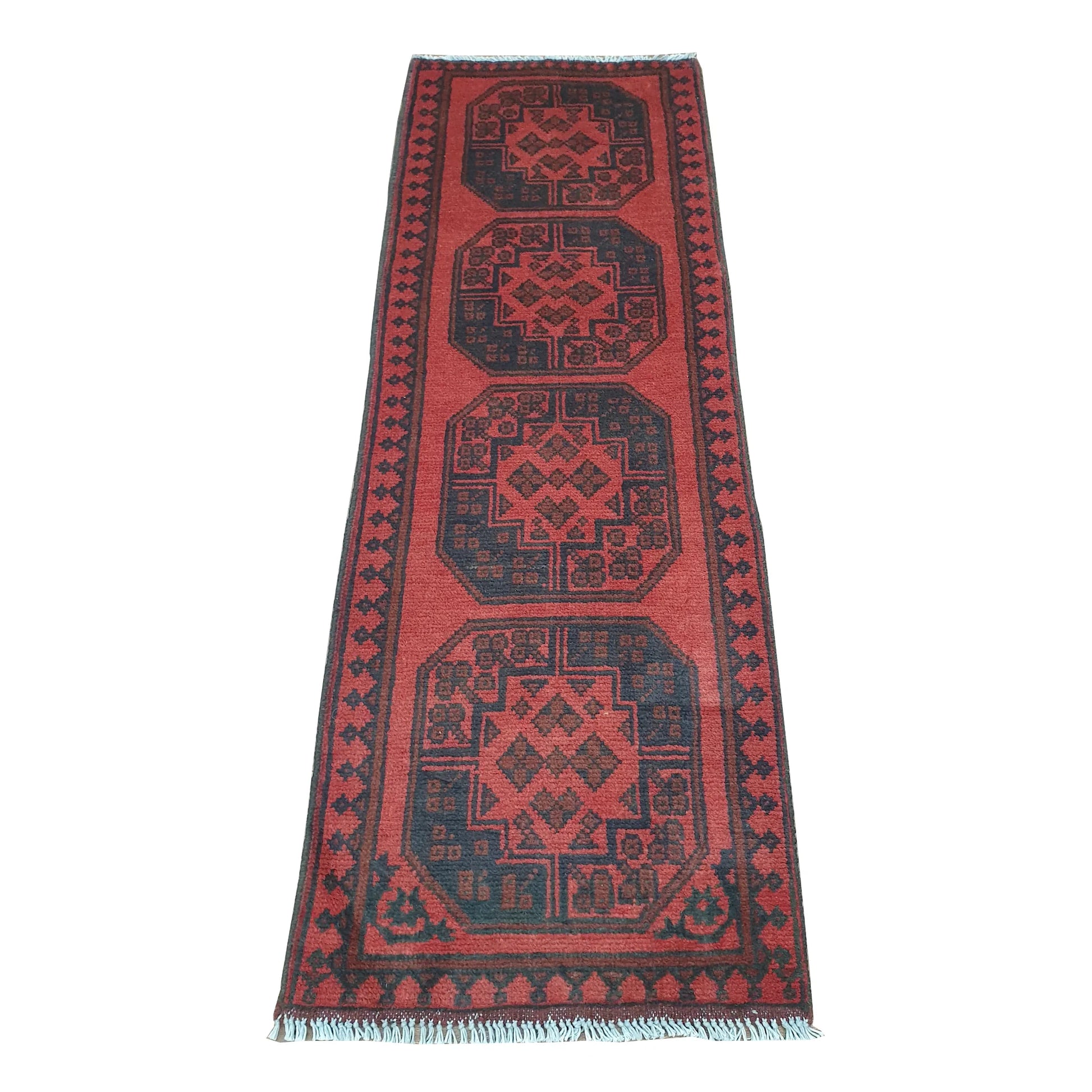 Afghan Turkoman runner rug 147 x 50 cm full view with red field, dark border and octagonal gul medallions