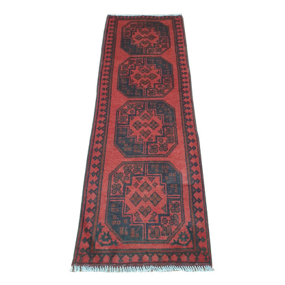 Afghan Turkoman runner rug 147 x 50 cm full view with red field, dark border and octagonal gul medallions