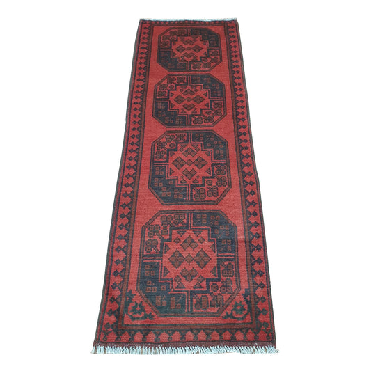 Afghan Turkoman runner rug 147 x 50 cm full view with red field, dark border and octagonal gul medallions