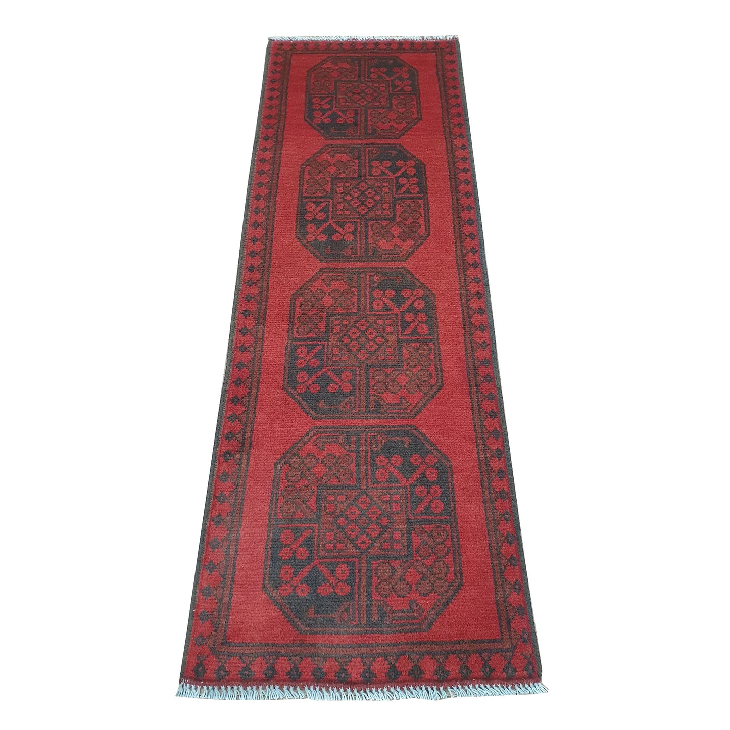 Afghan Turkoman runner rug 148 x 48 cm full view with red field, dark border and stepped gul medallions