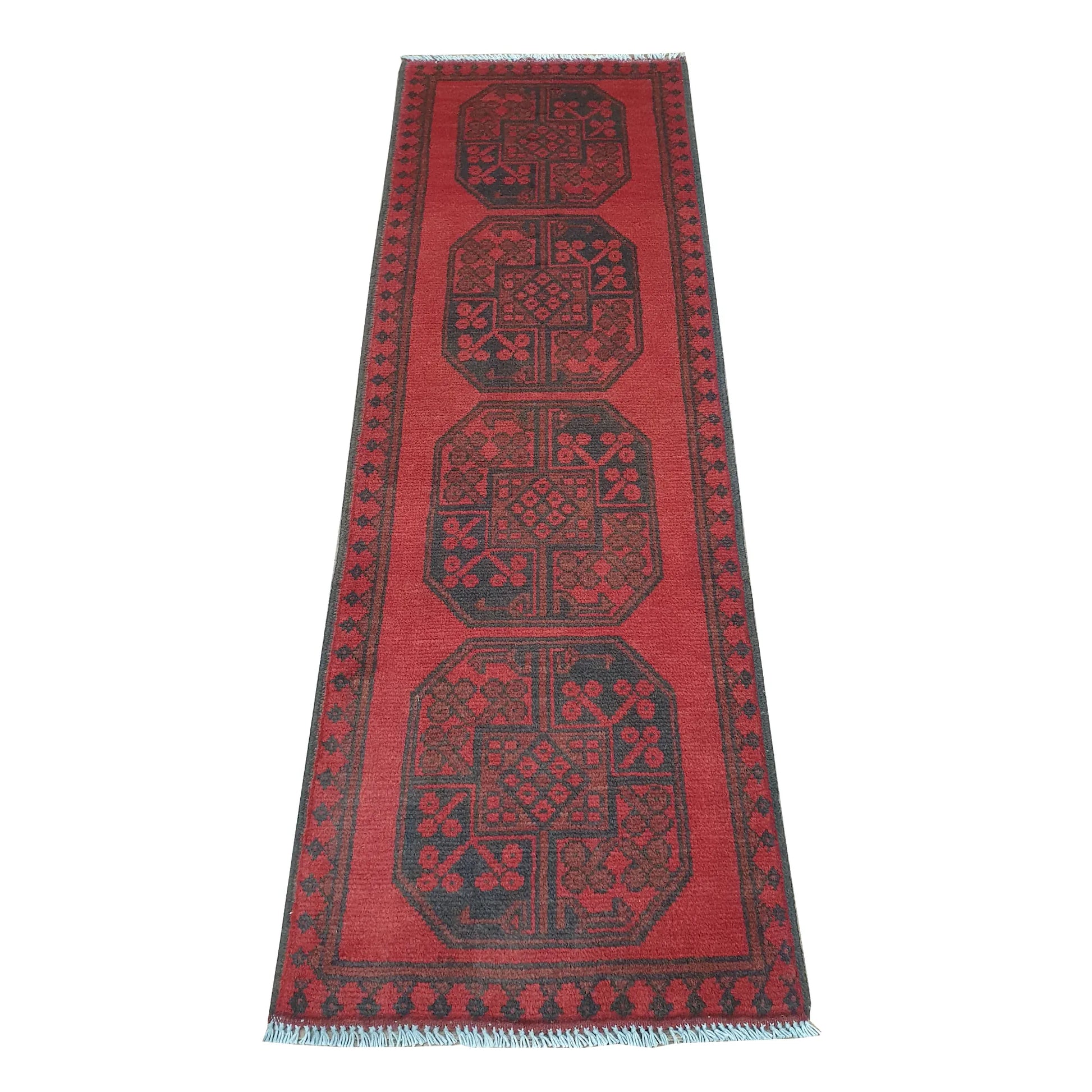 Afghan Turkoman runner rug 148 x 48 cm full view with red field, dark border and stepped gul medallions
