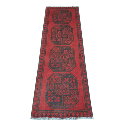 Afghan Turkoman runner rug 148 x 48 cm full view with red field, dark border and stepped gul medallions