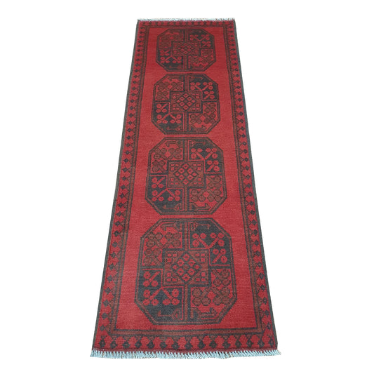 Afghan Turkoman runner rug 148 x 48 cm full view with red field, dark border and stepped gul medallions