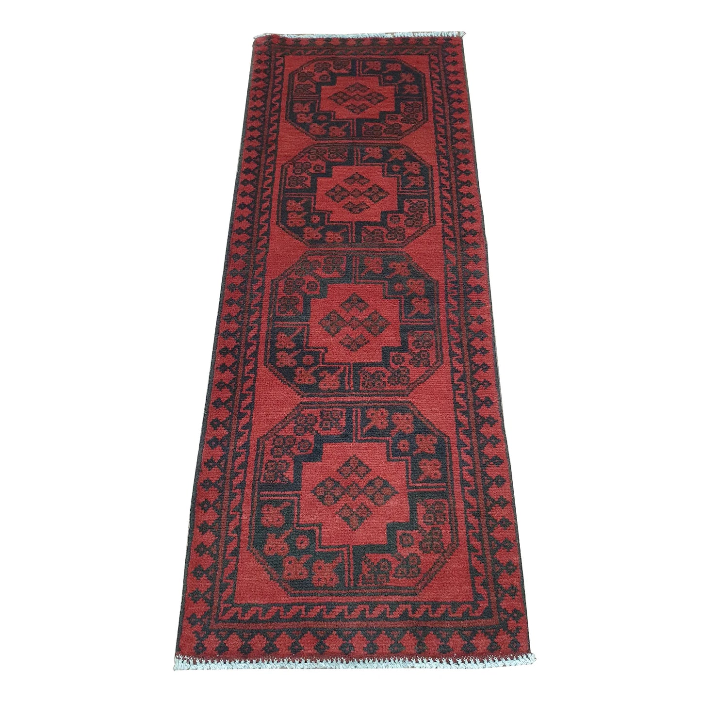 Afghan Turkoman runner rug 148 x 50 cm full view with red field, dark border and octagonal gul medallions