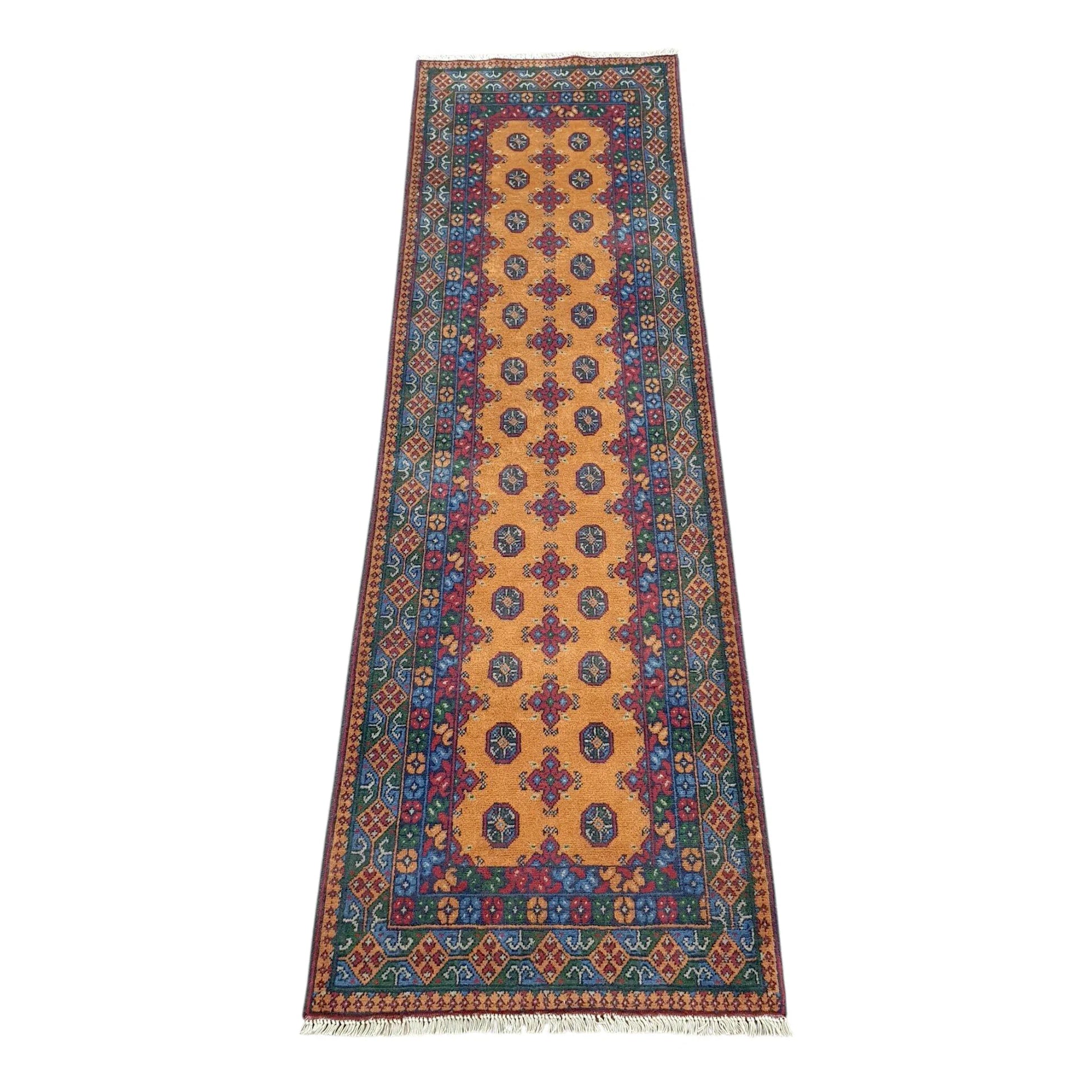Afghan Turkoman runner rug 286 x 85 cm full view with golden field, blue border and repeated medallion pattern
