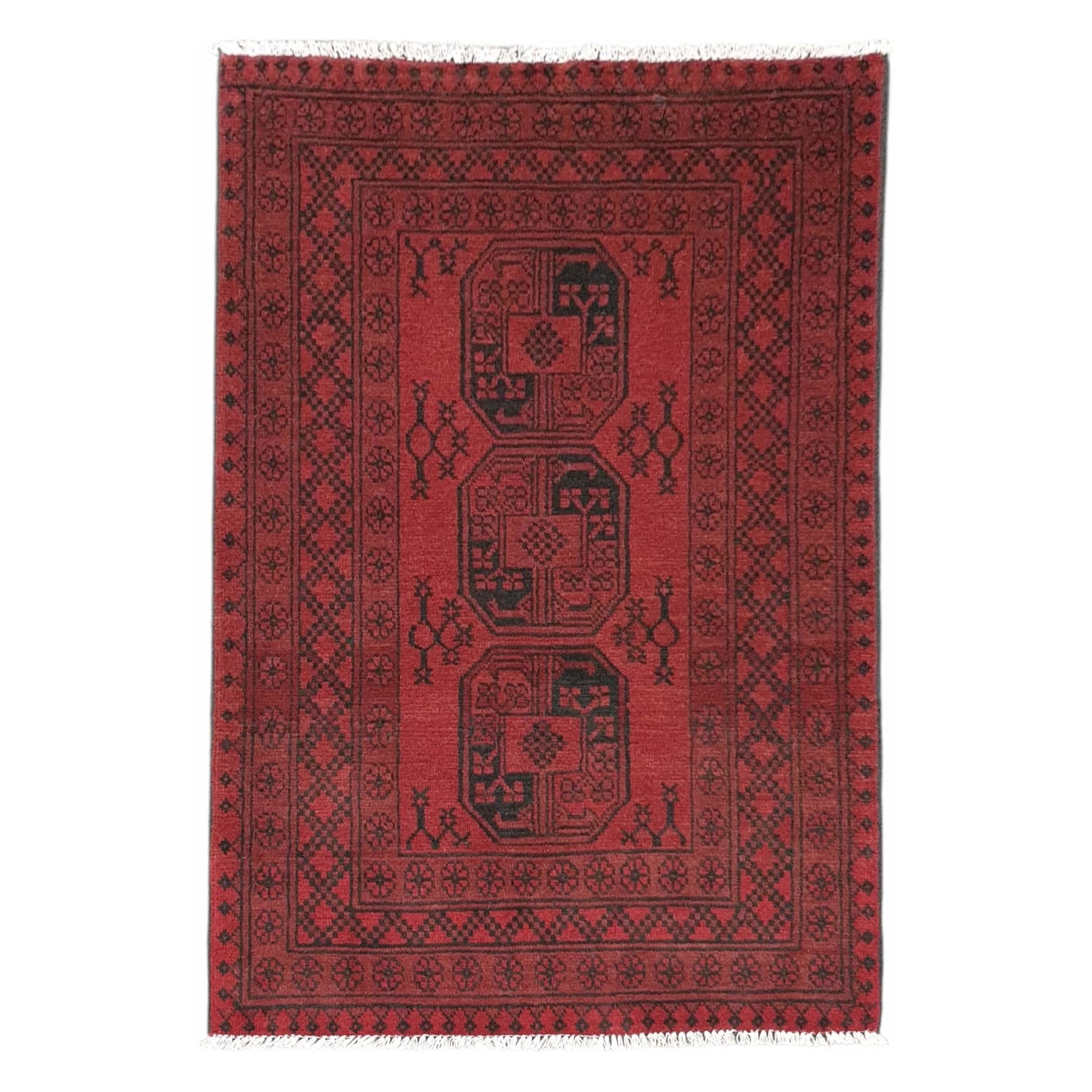 Full view of Afghan Turkoman wool rug with red field and three gul-style medallions, 144 x 102 cm