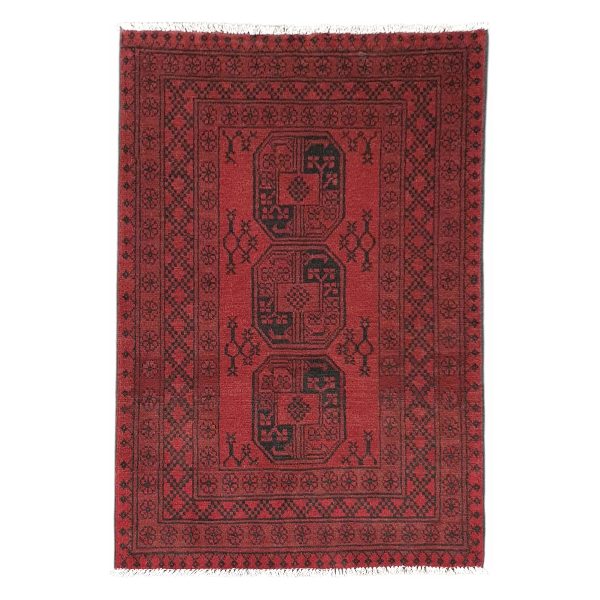 Full view of Afghan Turkoman wool rug with red field and three gul-style medallions, 144 x 102 cm