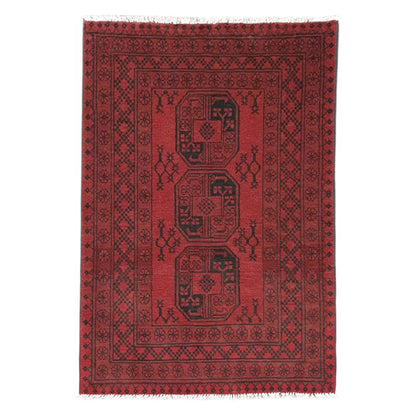 Full view of Afghan Turkoman wool rug with red field and three gul-style medallions, 144 x 102 cm