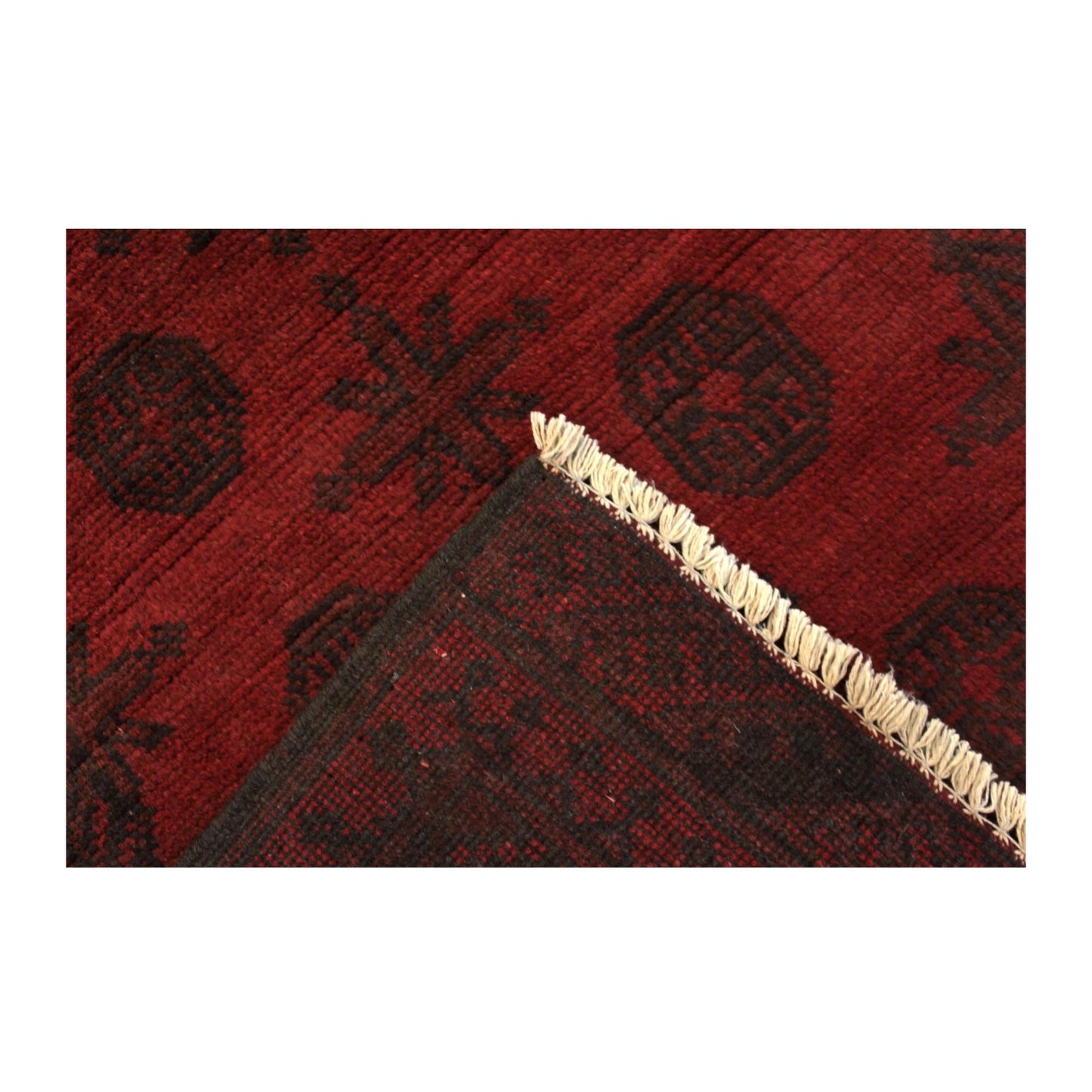 Reverse weave detail of Afghan Turkoman wool rug with folded corner, 197 x 92 cm
