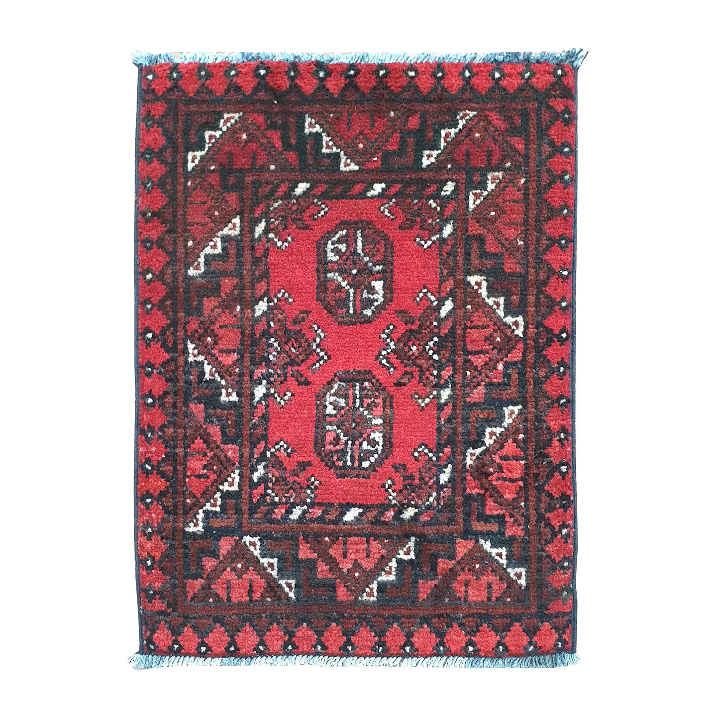 Afghan Turkoman wool rug 62 x 48 cm full view with red field, dark border and twin octagonal gul medallions