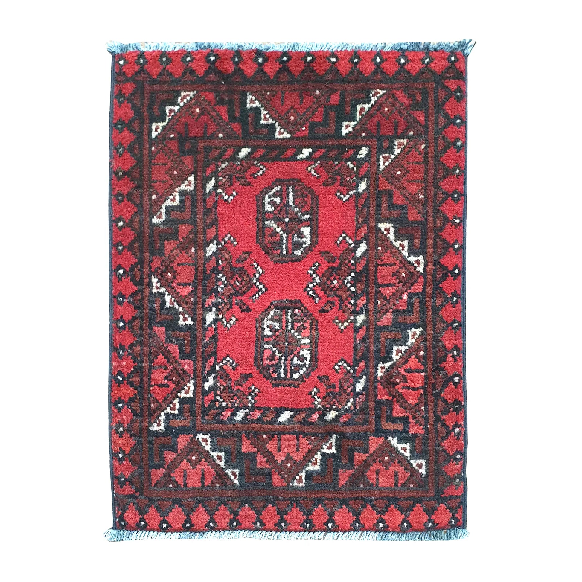 Afghan Turkoman wool rug 62 x 48 cm full view with red field, dark border and twin octagonal gul medallions