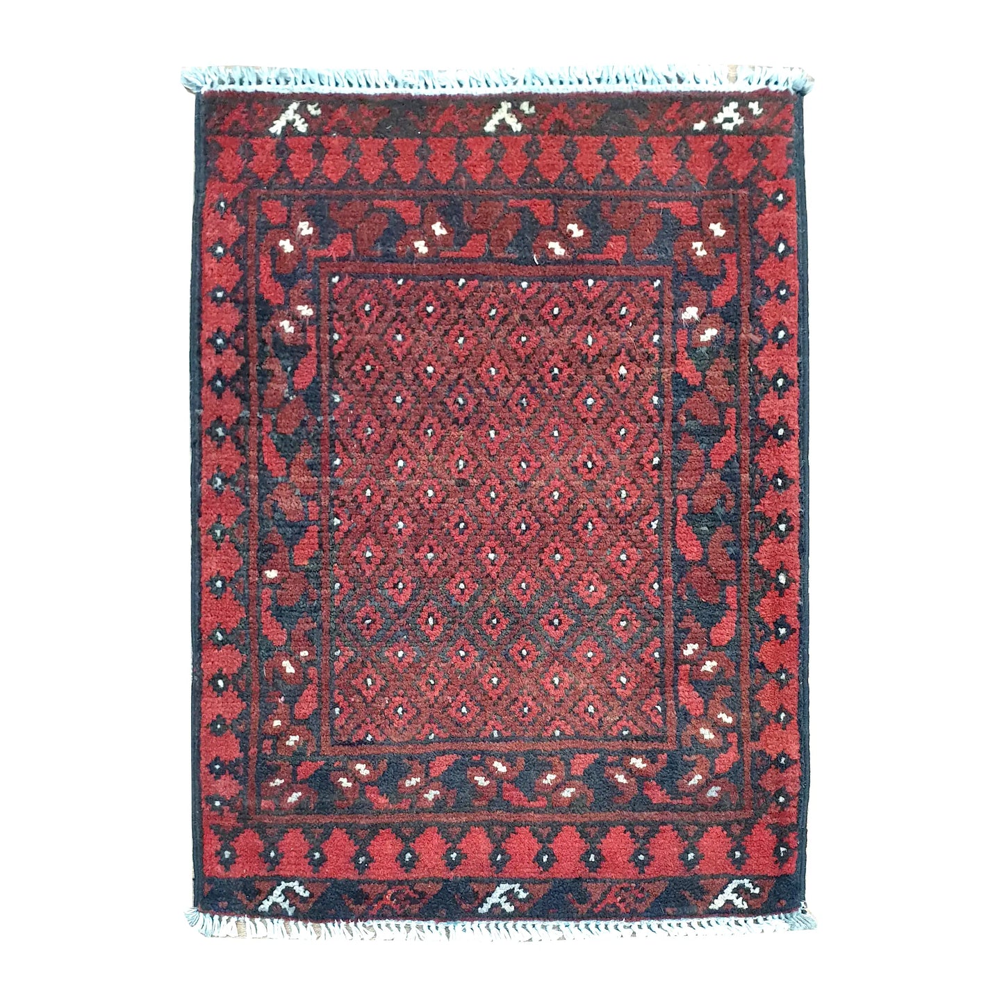 Afghan Turkoman wool rug 67 x 50 cm full view with deep red field and all-over miniature gul lattice