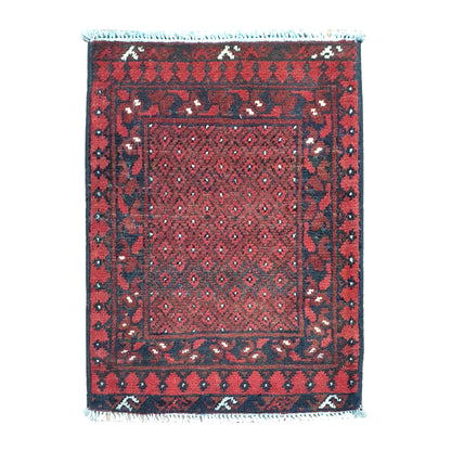 Afghan Turkoman wool rug 67 x 50 cm full view with deep red field and all-over miniature gul lattice