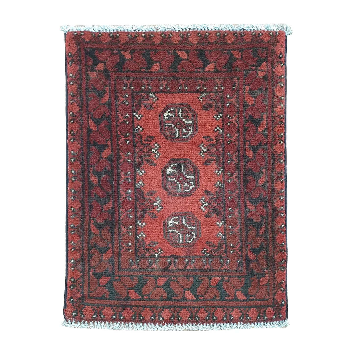 Afghan Turkoman wool rug 67 x 52 cm full view with warm red field and three vertically aligned gul medallions