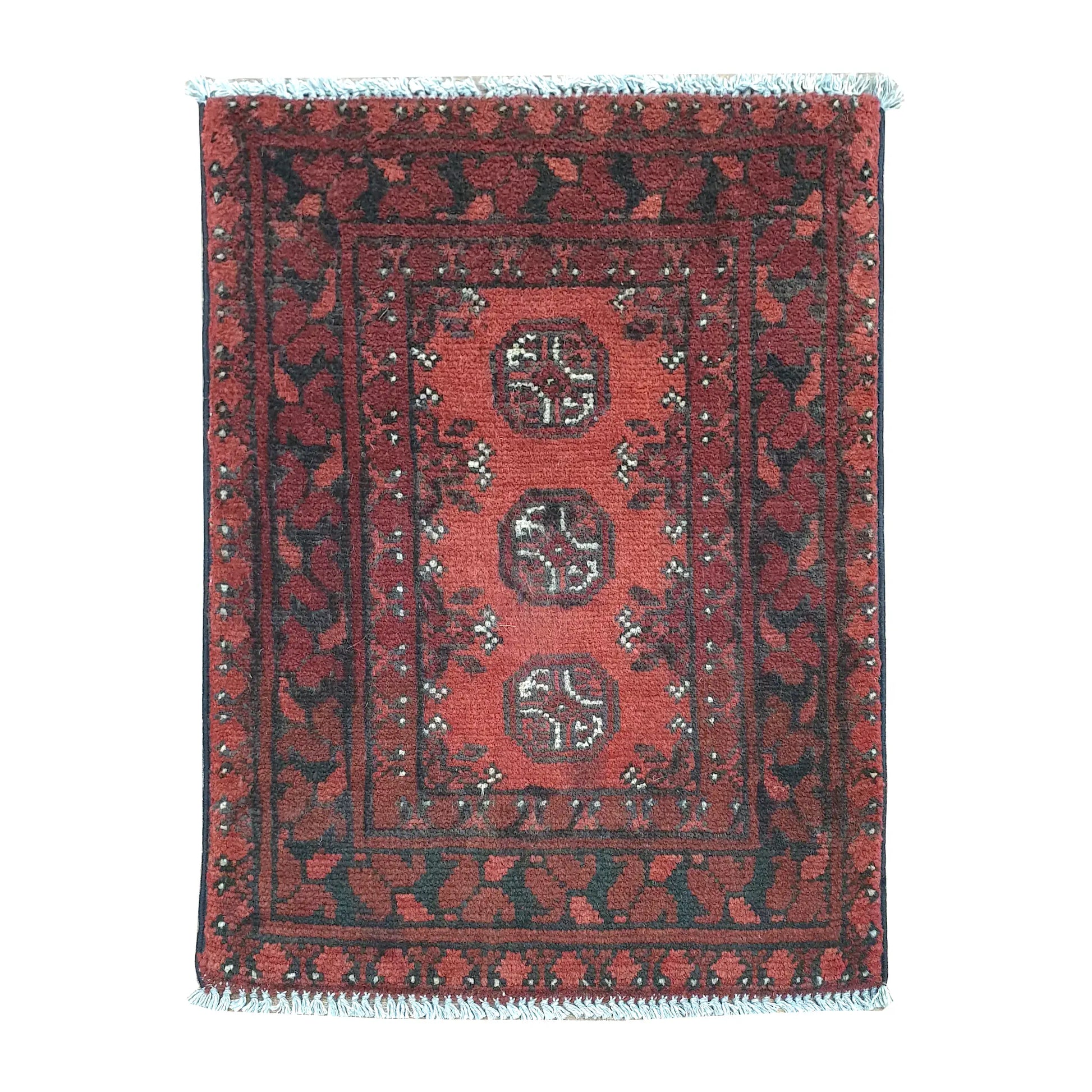 Afghan Turkoman wool rug 67 x 52 cm full view with warm red field and three vertically aligned gul medallions