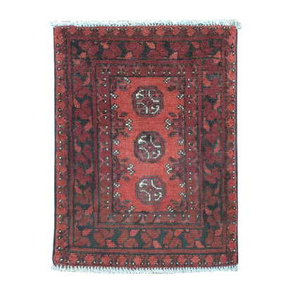 Afghan Turkoman wool rug 67 x 52 cm full view with warm red field and three vertically aligned gul medallions